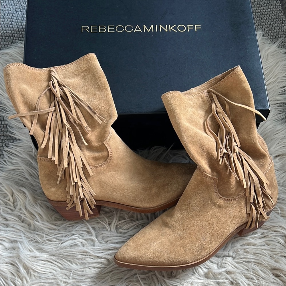 Rebecca Minkoff Tan Heeled Fringe Boots